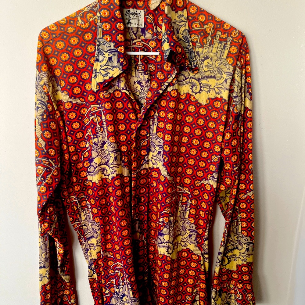 VTG Monzini men’s XL 17-171/2 purple/orange Dragon and Castle button down shirt